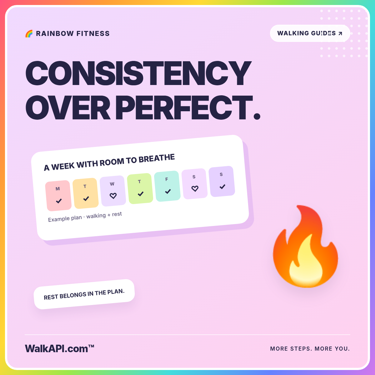 CONSISTENCY OVER PERFECT. — rainbow walking routines illustration branded WalkAPI.com™