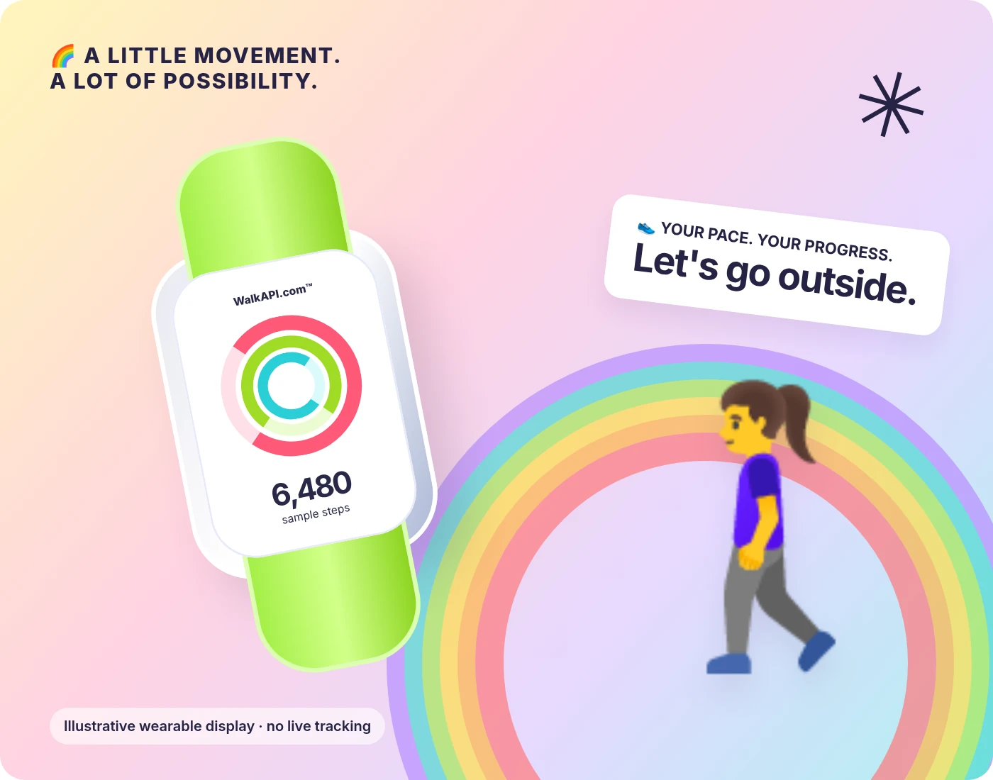 Rainbow walking illustration with a white-faced fitness watch, walking emoji, and clearly labeled sample steps